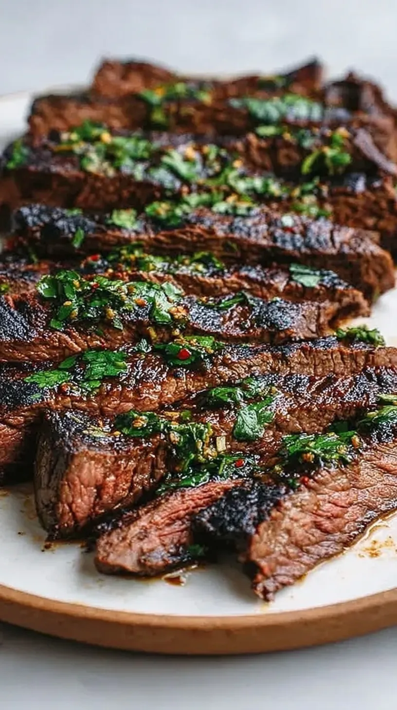 A charred and juicy marinated skirt steak sliced thinly on a wooden board