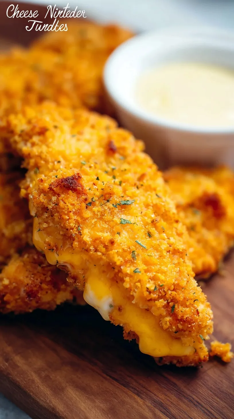 Golden brown cheese nips crusted chicken tenders on a baking sheet with ranch dipping sauce