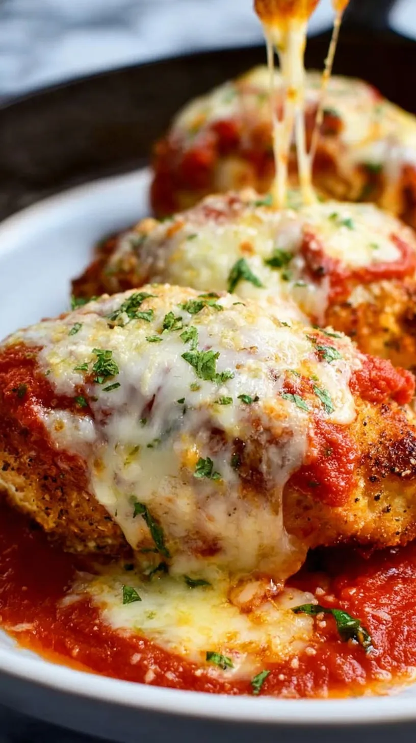 Golden brown breaded chicken breast topped with marinara and melted cheese