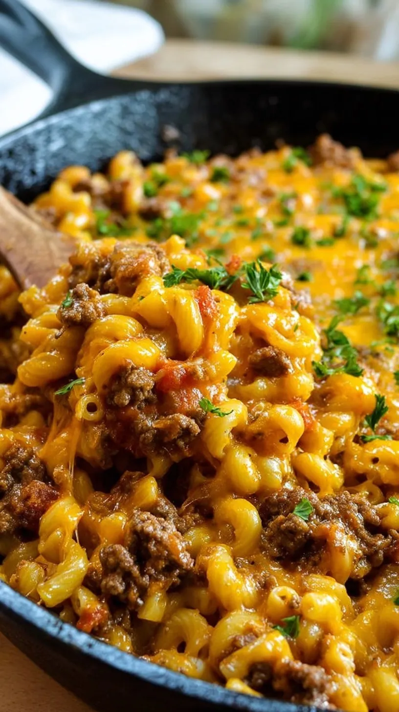 A creamy one pot cheeseburger casserole with melted cheddar cheese and elbow macaroni in a black skillet.