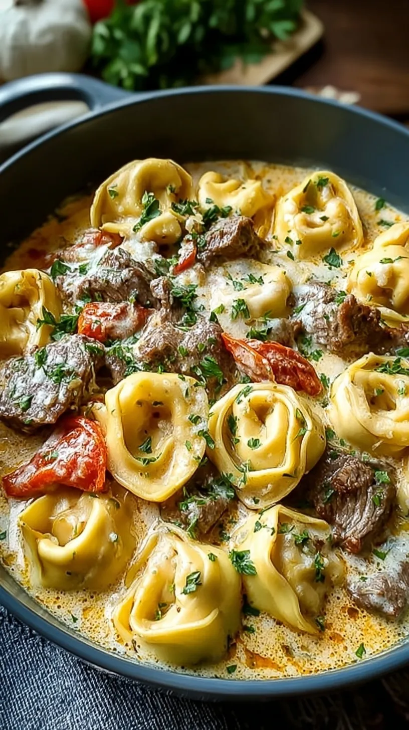 A skillet of creamy tortellini pasta mixed with seared steak, green peppers, and onions in a white cheese sauce.
