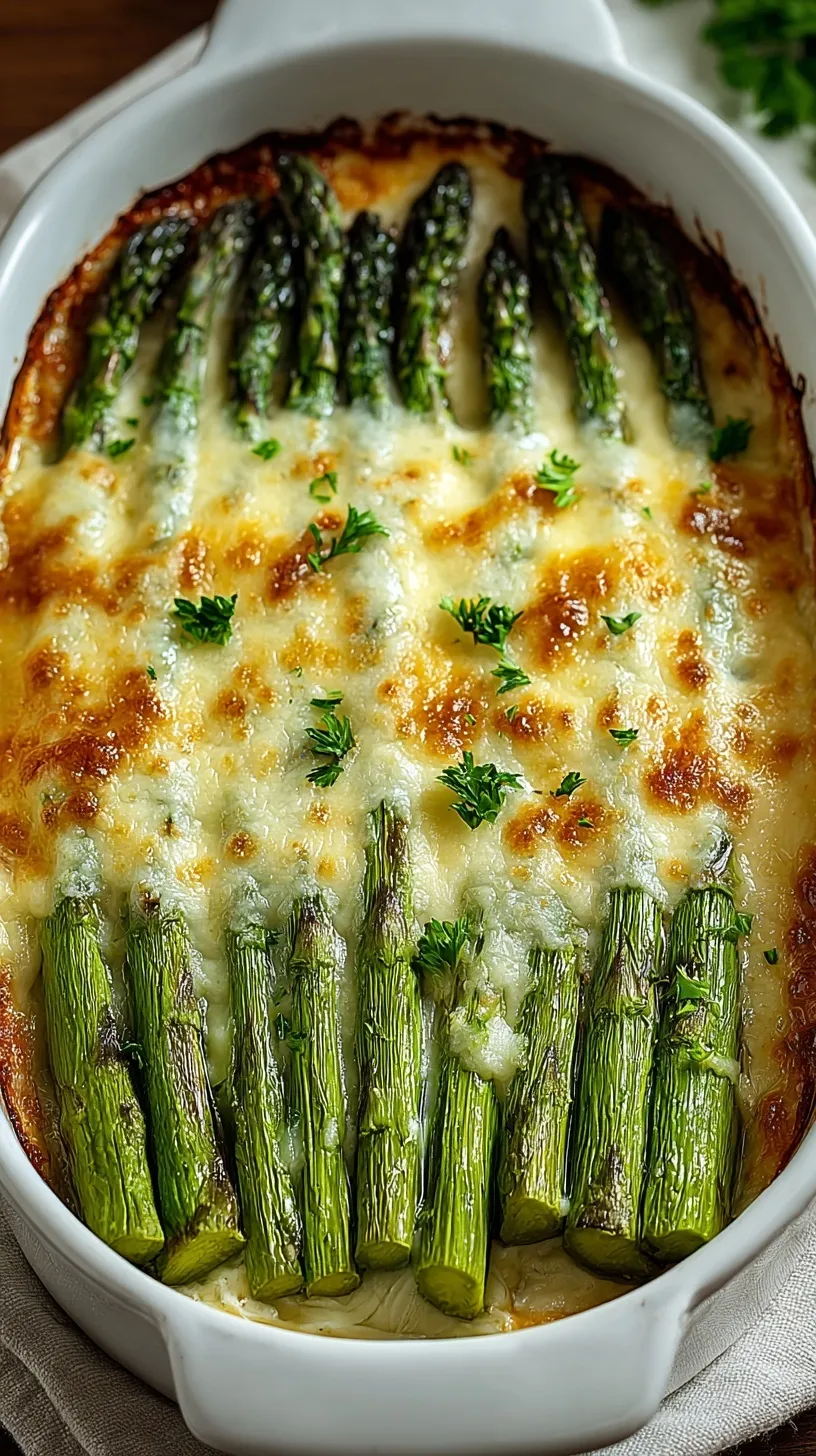 Tender roasted asparagus spears topped with melted mozzarella and parmesan cheese on a baking sheet