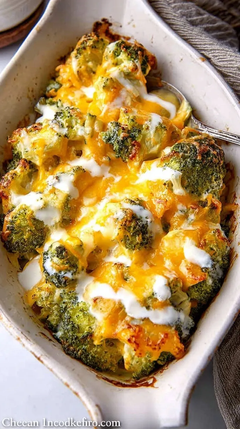 A golden brown cheesy broccoli casserole in a white baking dish with a crispy cracker topping.