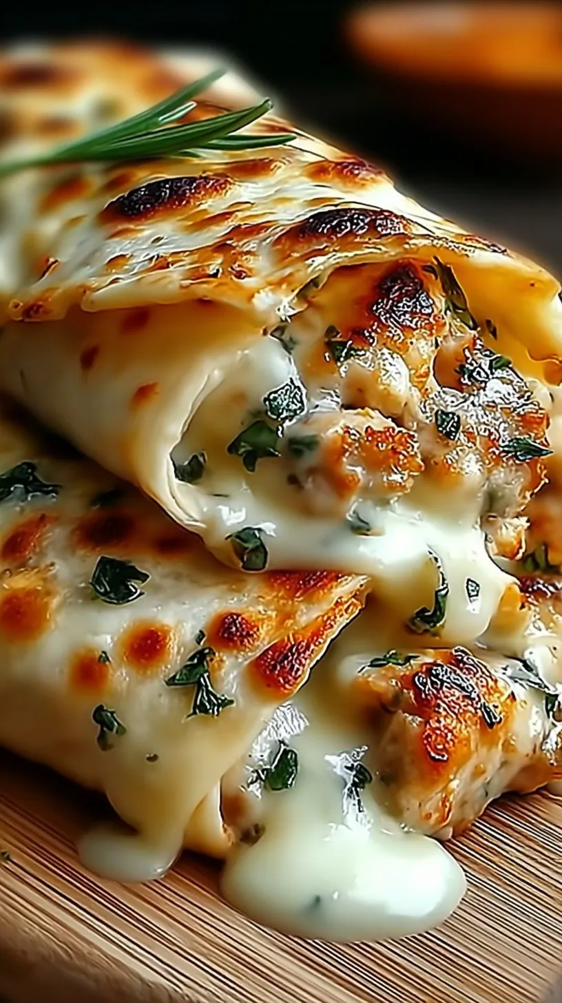 Golden sautéed chicken wraps with melted cheese and fresh lettuce on a white plate