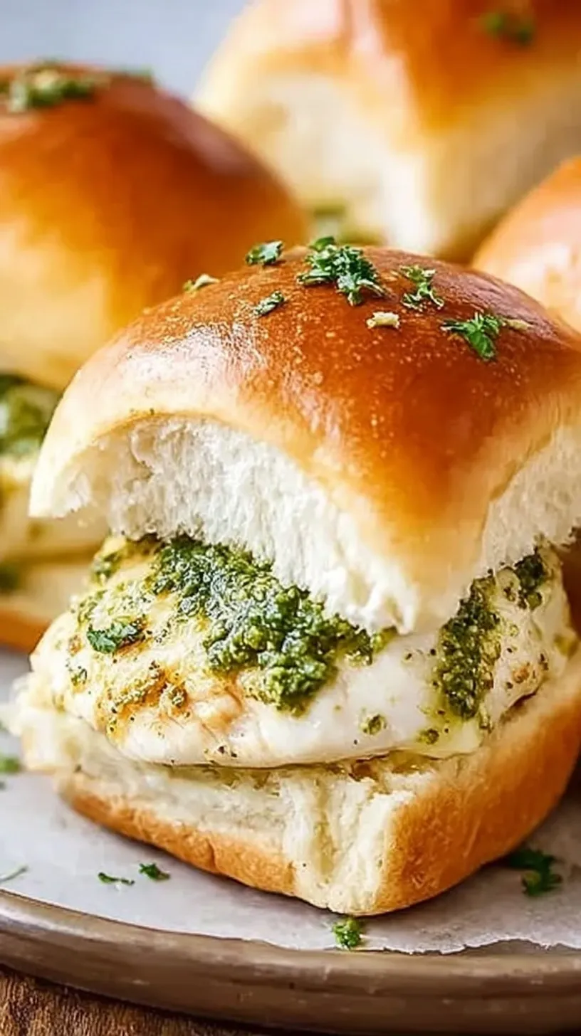 Golden brown baked sliders with melted cheese and pesto chicken on a white platter