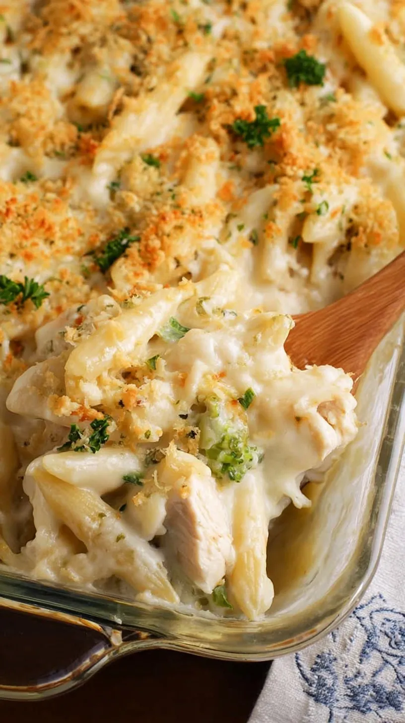 A golden, bubbling dish of chicken alfredo bake topped with melted mozzarella and fresh parsley.