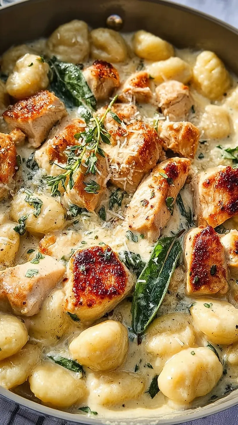 A skillet of creamy chicken alfredo gnocchi garnished with fresh parsley