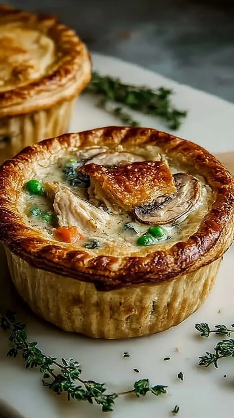 A golden brown chicken and mushroom pot pie in a deep dish with a flaky crust and steam vents.