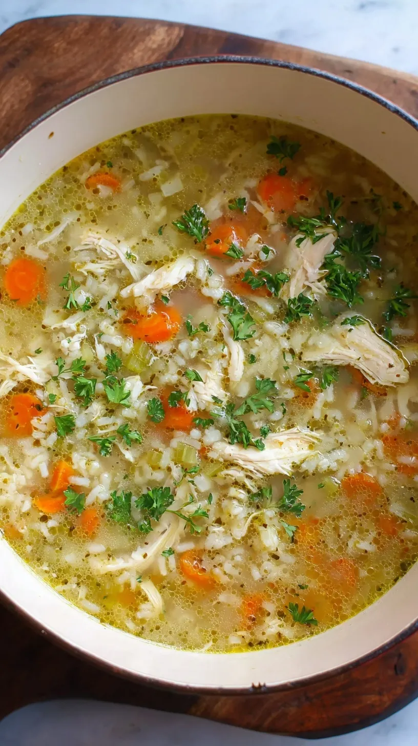 A steaming bowl of homemade chicken and rice soup with carrots and fresh parsley.