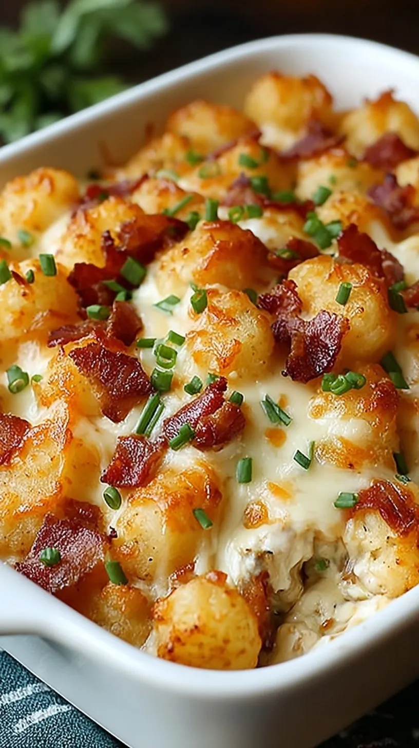 A golden brown Chicken Bacon Ranch Tater Tot Casserole topped with melted cheese, bacon bits, and green onions.