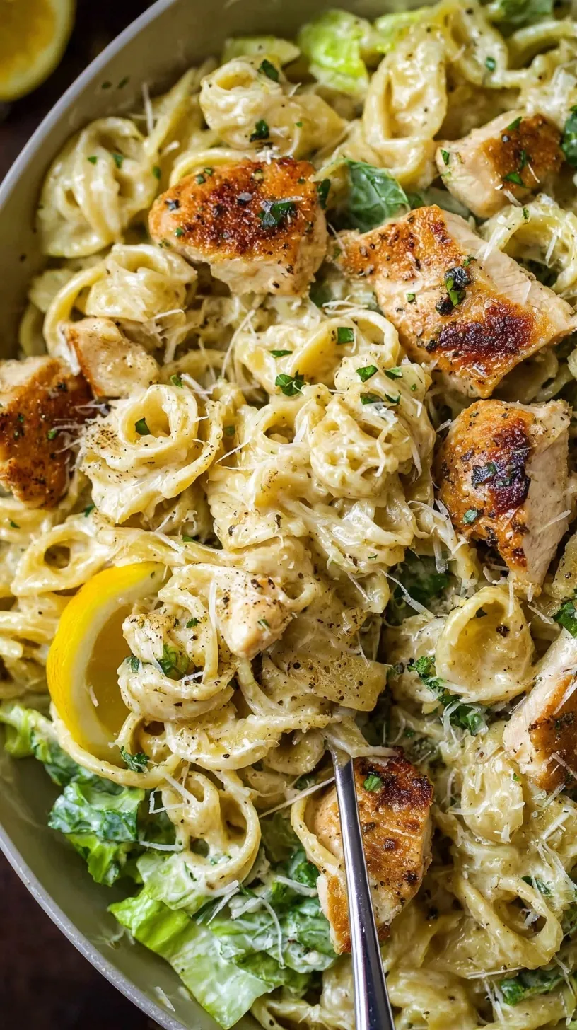 A creamy pot of penne pasta with seared chicken, fresh romaine lettuce, and crunchy croutons.