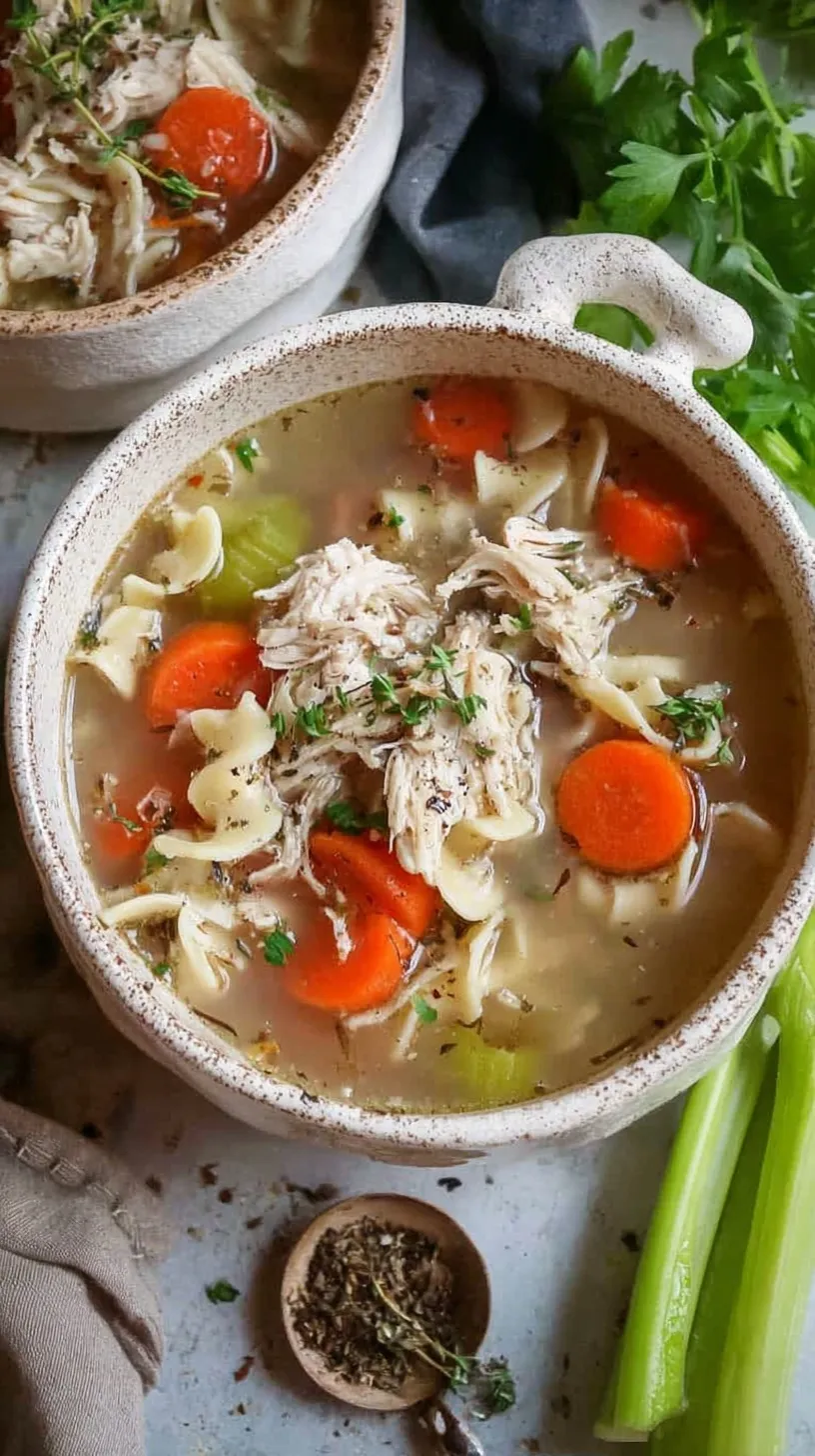 A steaming bowl of clear broth chicken soup with diced carrots, celery, and shredded chicken topped with fresh parsley.