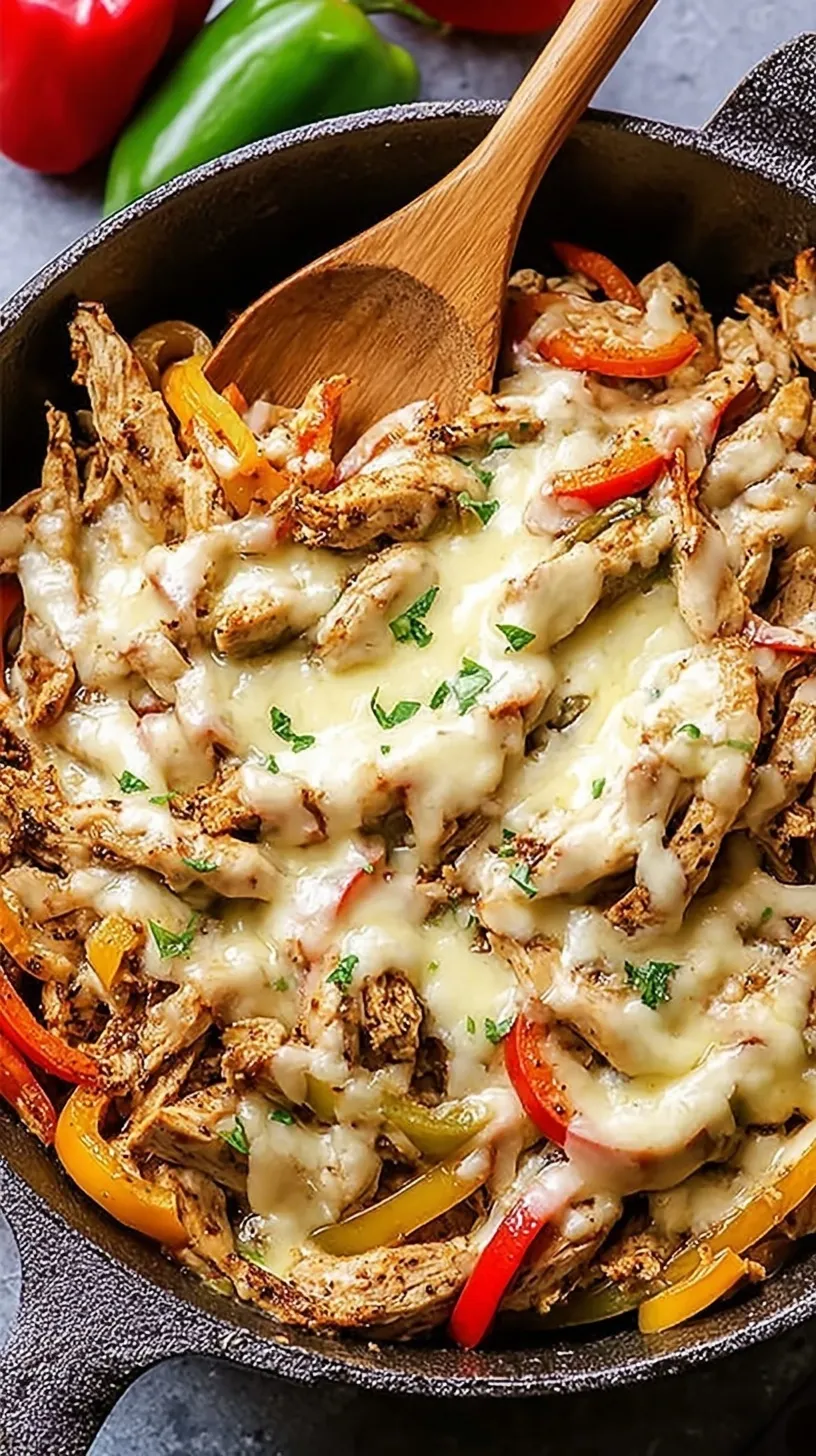 Thinly sliced chicken with melted provolone cheese, bell peppers, and onions in a black skillet.