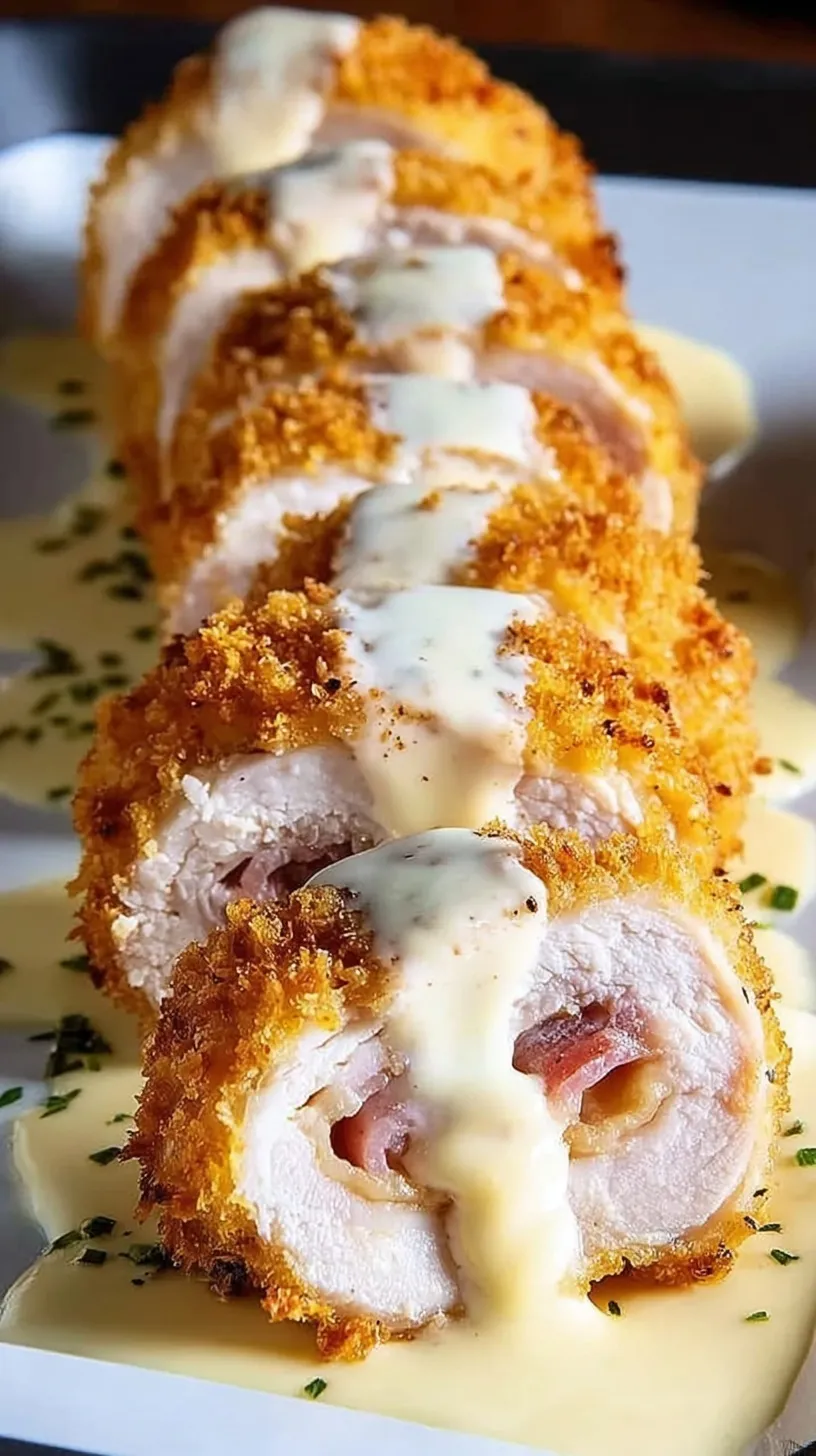 Golden brown breaded chicken rolls topped with a rich white cheese sauce on a white plate.