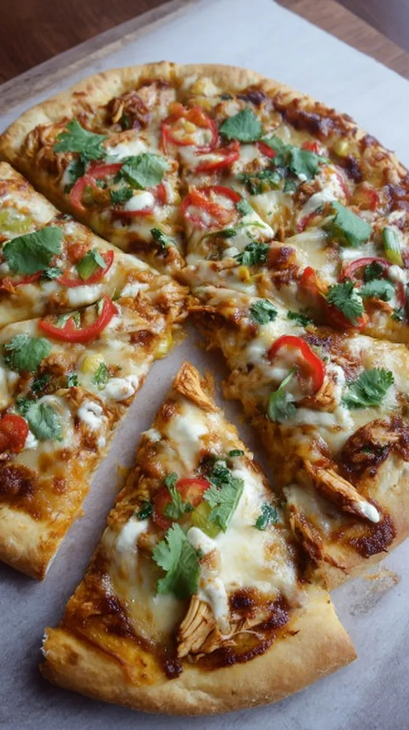 A golden brown Chicken Enchilada Pizza topped with fresh avocado and cilantro