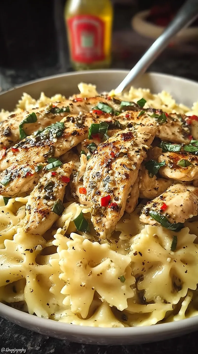 A bowl of creamy garlic parmesan pasta topped with golden seared chicken and fresh parsley