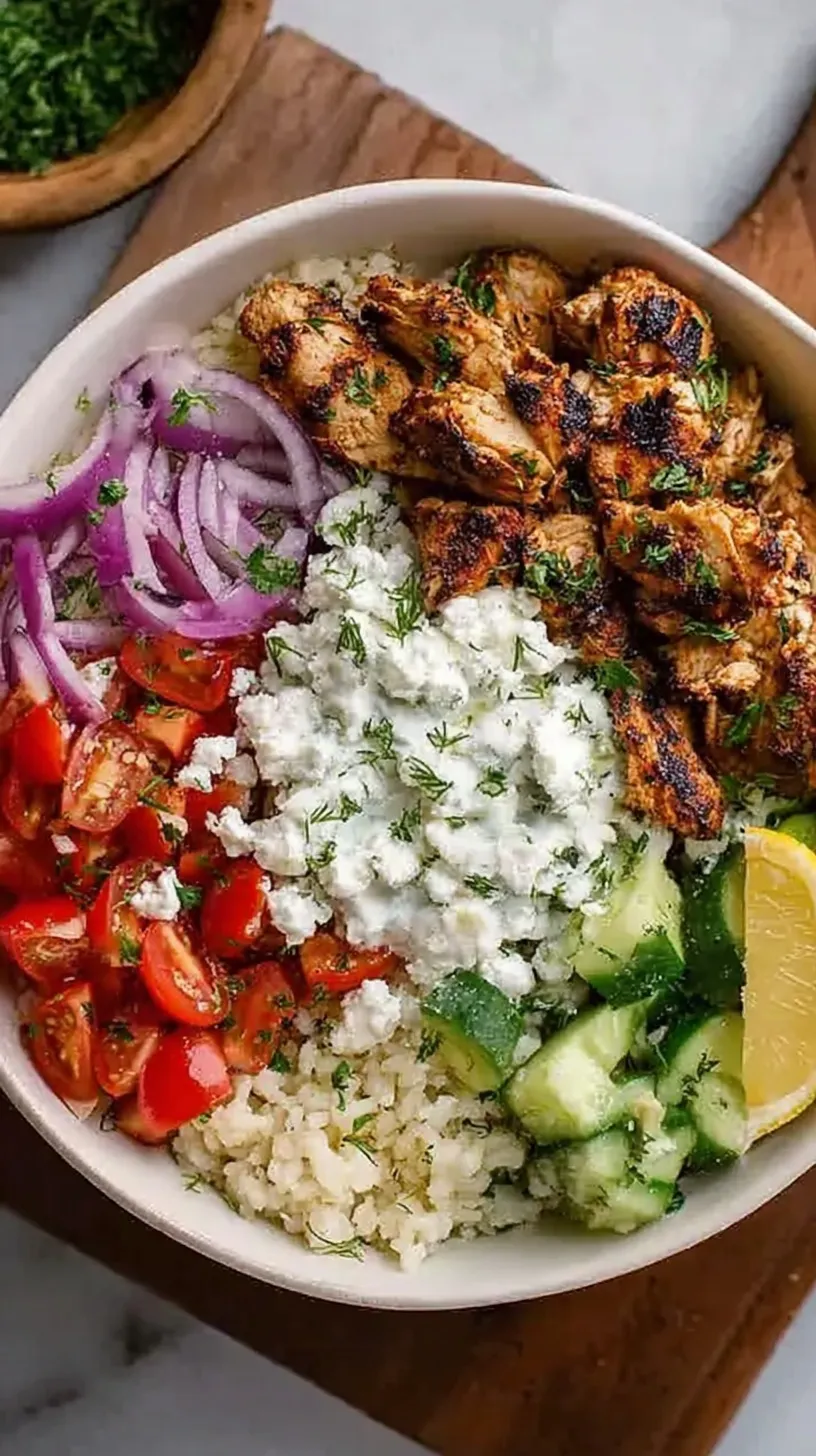 A colorful Mediterranean chicken gyro bowl with grilled chicken, cucumbers, tomatoes, and tzatziki over white rice.