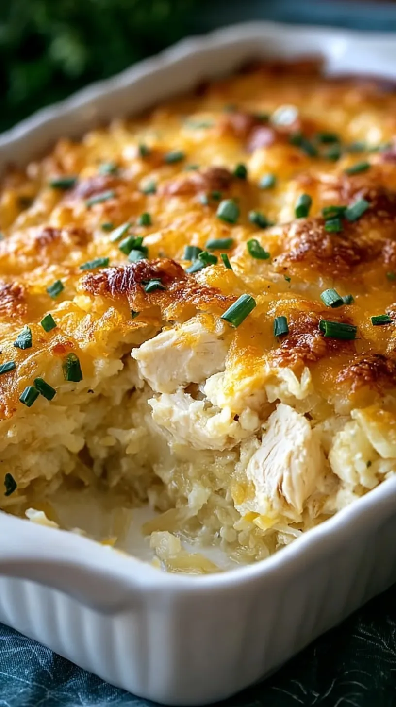 A golden brown chicken hashbrown casserole in a white baking dish with a crunchy cornflake topping.
