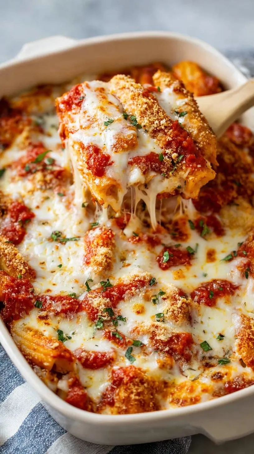 A golden brown chicken parmesan casserole with melted mozzarella and fresh basil in a white baking dish.