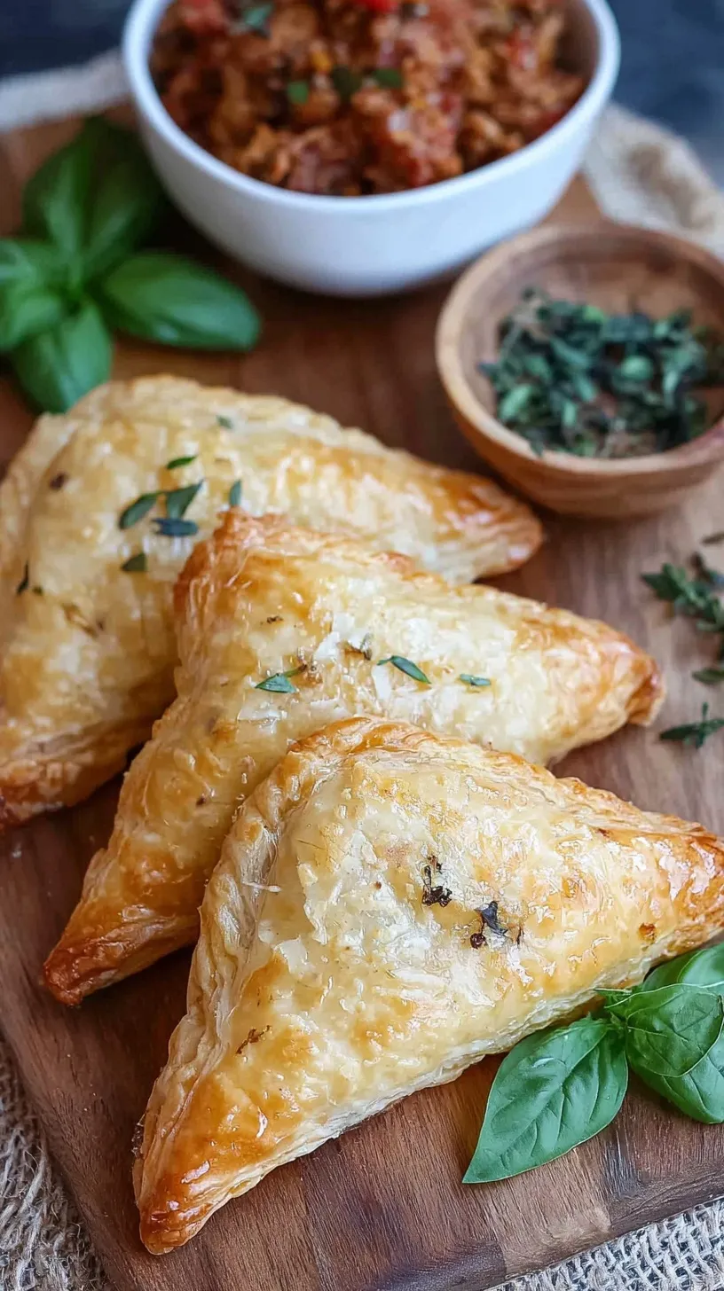 Golden brown chicken puff pastry turnovers on a baking sheet