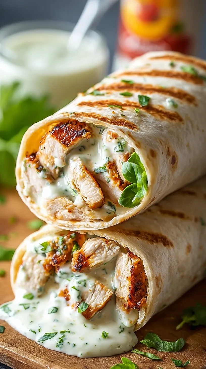 A fresh chicken ranch wrap sliced diagonally showing chicken, lettuce, and cheese.