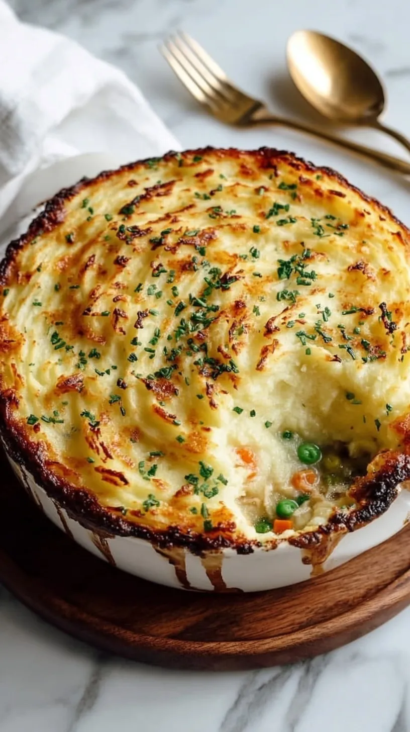 A golden-brown Chicken Shepherd's Pie in a baking dish with a cheesy mashed potato topping.