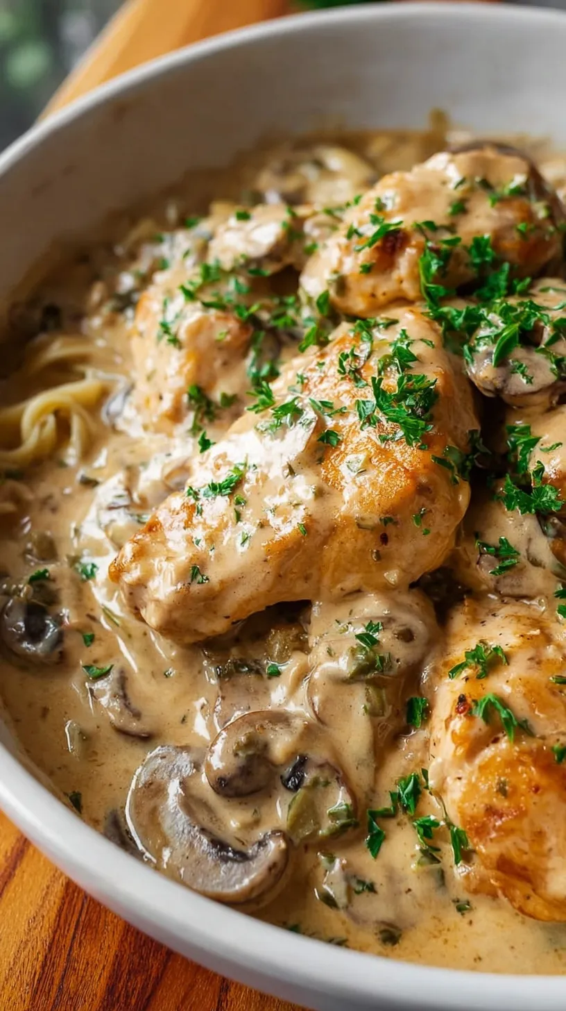 A bowl of creamy chicken stroganoff with mushrooms over egg noodles garnished with parsley