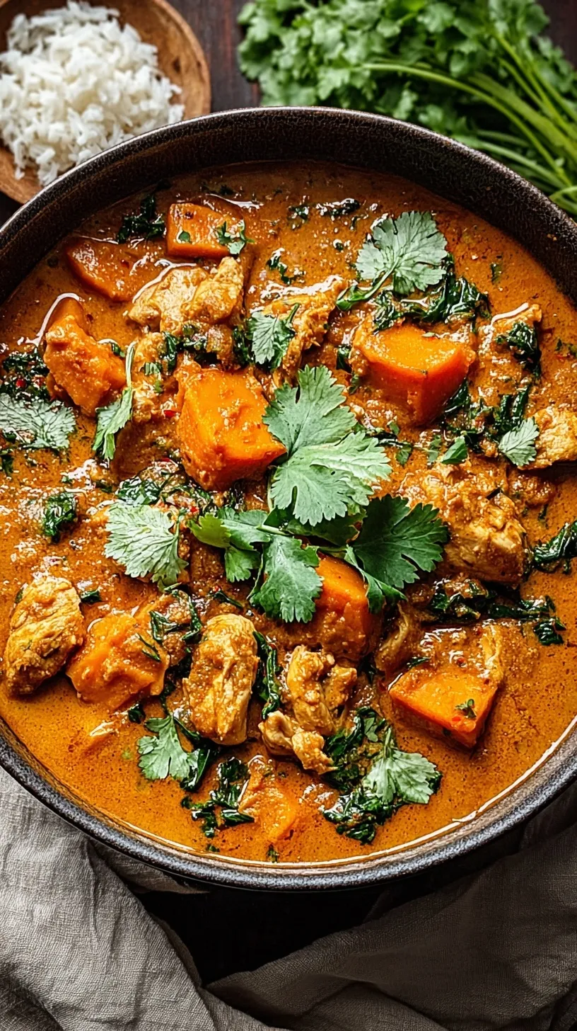A steaming bowl of creamy chicken and sweet potato curry topped with fresh cilantro