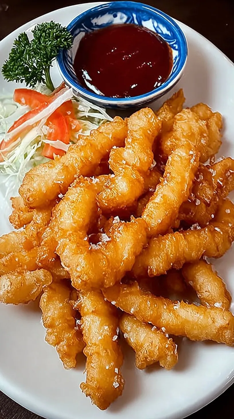 Golden brown crispy chicken tempura strips served on a wire rack with dipping sauce
