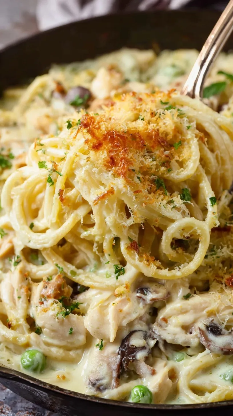 A baking dish of creamy Chicken Tetrazzini with golden breadcrumbs and fresh parsley