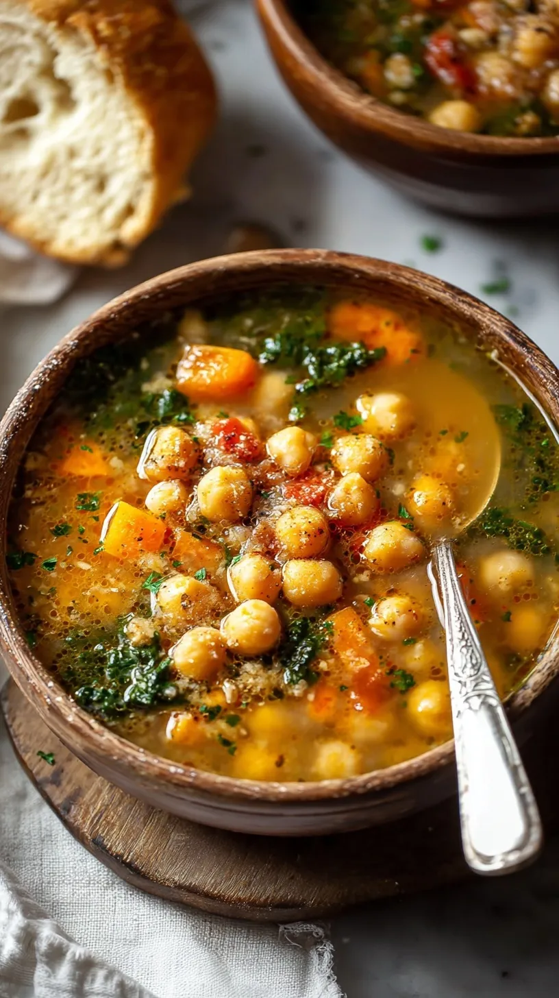 A steaming bowl of Mediterranean chickpea soup with fresh spinach and carrots.