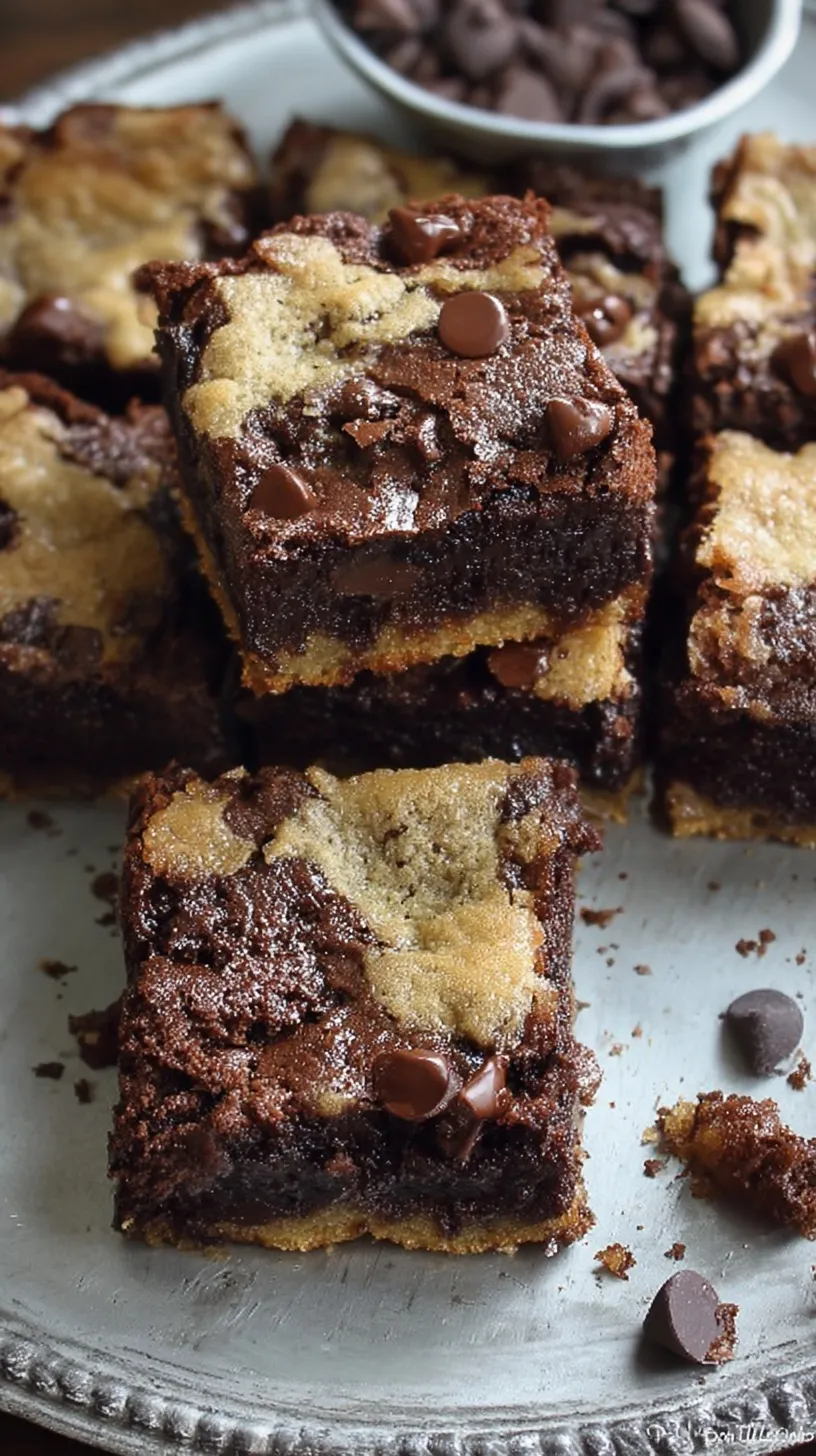 A stack of sliced Chocolate Chip Cookie Brownies showing fudgy brownie and golden cookie layers