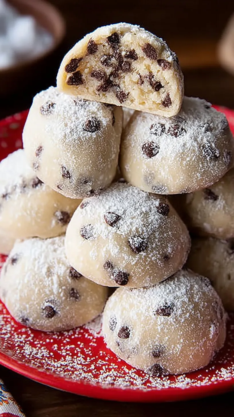A pile of white powdered sugar snowball cookies with mini chocolate chips inside.