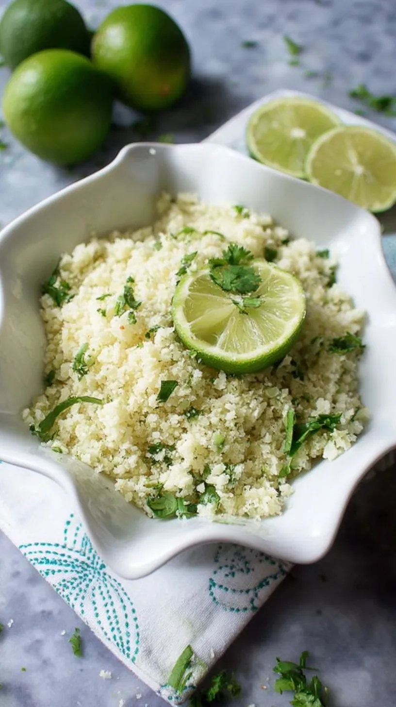 A bowl of fluffy cilantro lime cauliflower rice garnished with fresh lime wedges and cilantro leaves.