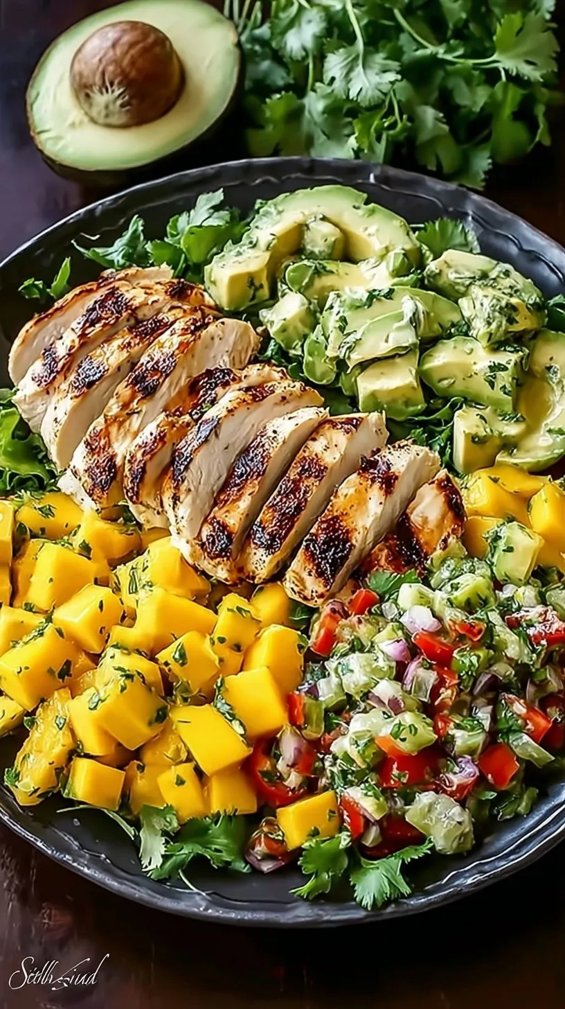 Grilled Cilantro Lime Chicken Salad topped with fresh mango and avocado salsa in a white bowl