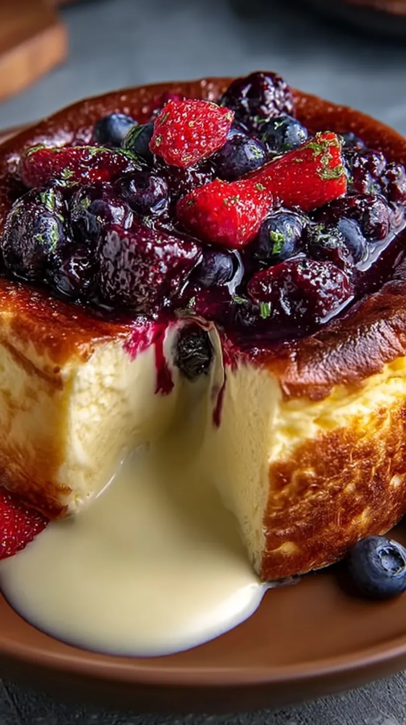 A golden-brown burnt cheesecake with a creamy center and bright raspberry swirls on a wooden board.