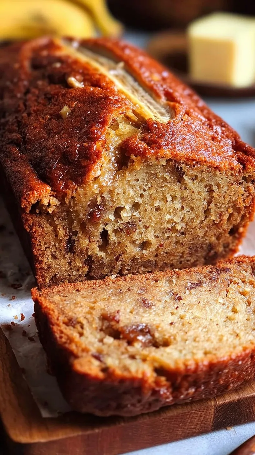 A golden brown loaf of classic banana bread sliced on a wooden board