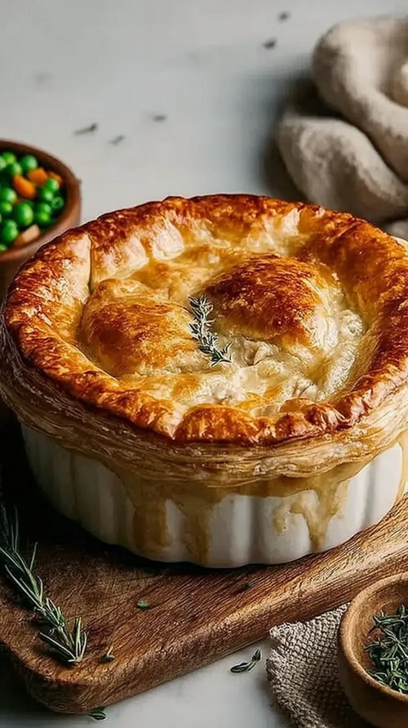 A golden brown chicken pot pie with a flaky crust and steam rising from the center