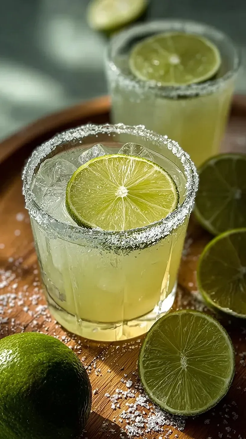 A refreshing classic margarita in a salt-rimmed glass with a lime wedge garnish on a wooden table.
