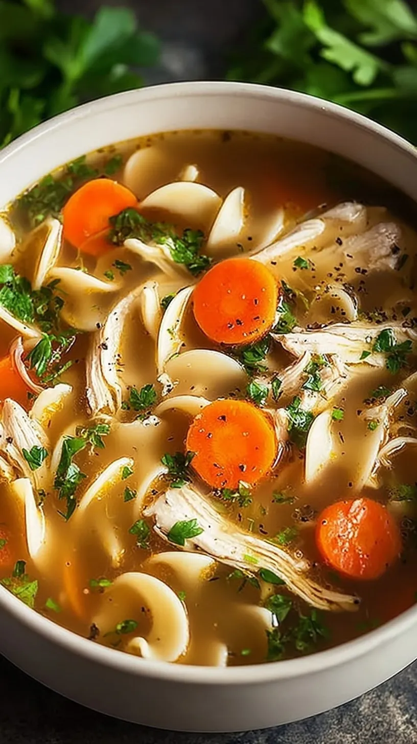 A steaming bowl of rotisserie chicken noodle soup with golden broth and fresh parsley