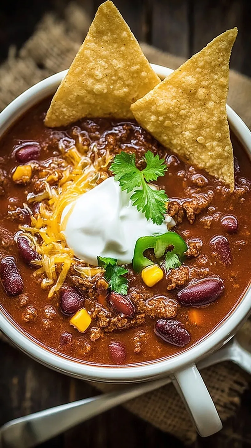 A warm bowl of beef chili topped with shredded cheese and sour cream in a slow cooker.