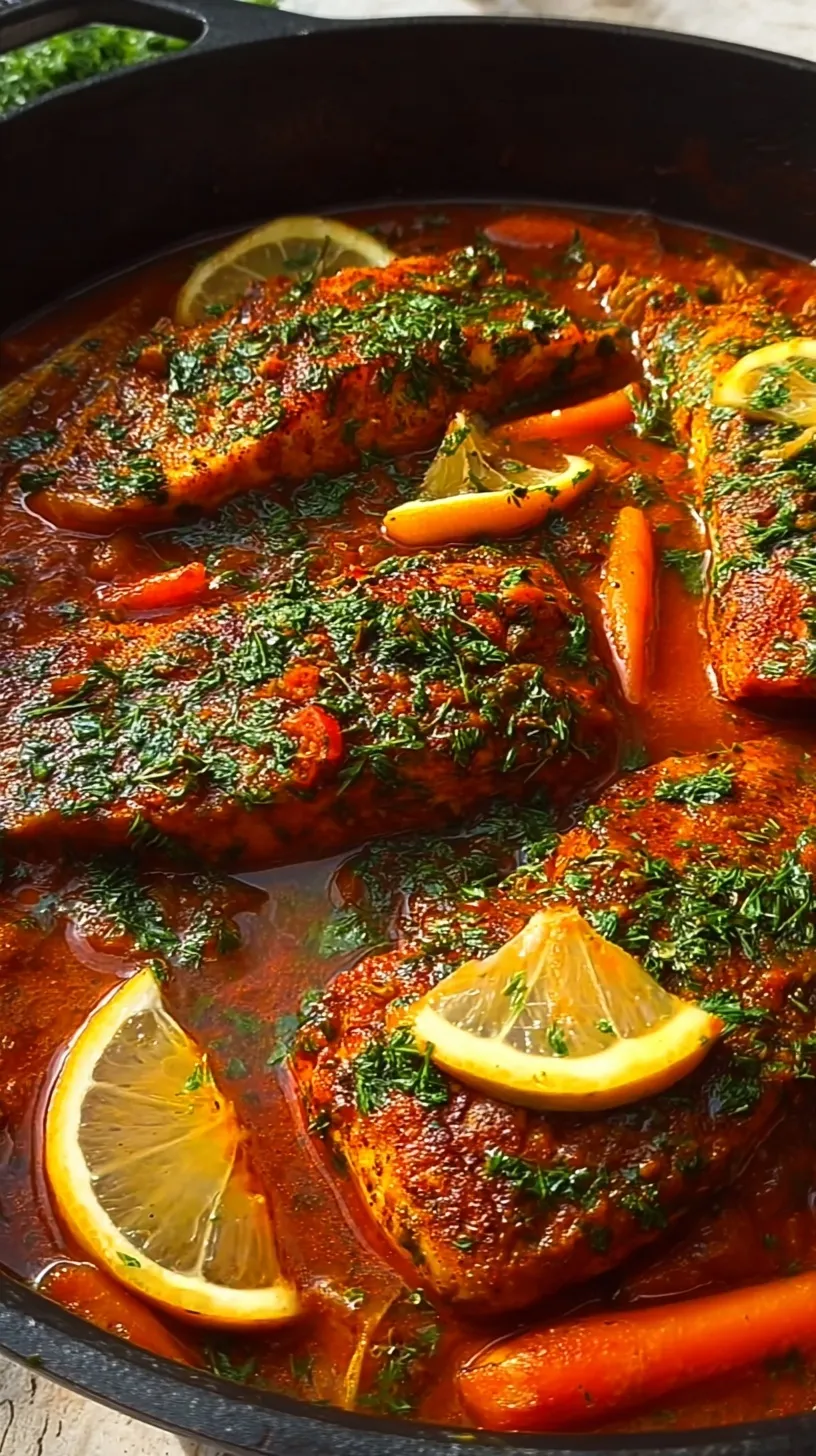 Tender white fish fillets simmering in a vibrant red tomato and pepper sauce with lemon slices and fresh cilantro