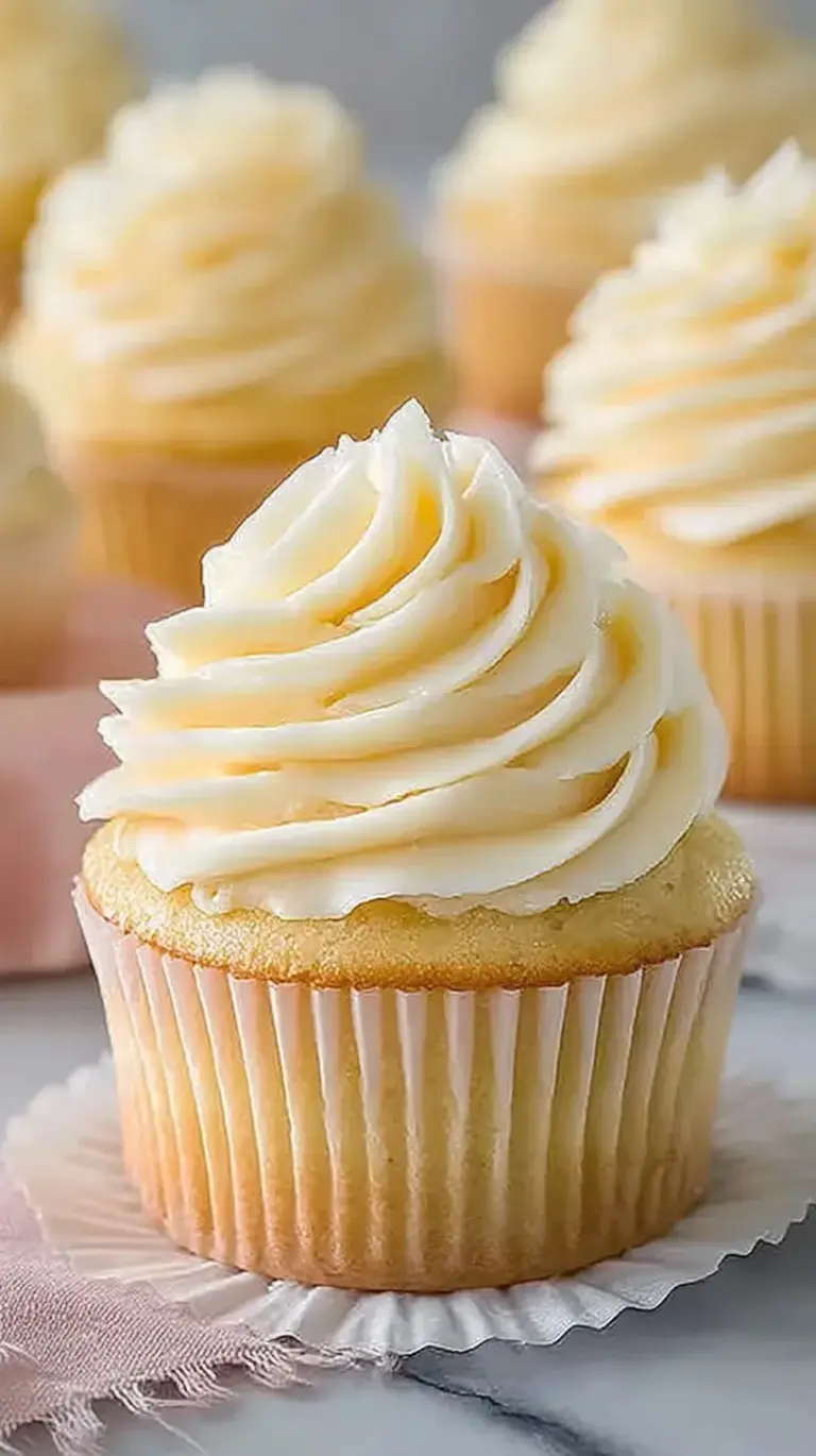 A tray of fluffy golden vanilla cupcakes with a light aerated crumb structure.