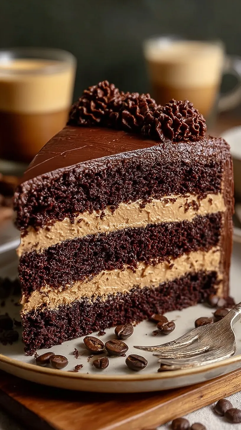 A rich, dark chocolate layer cake on a wire cooling rack