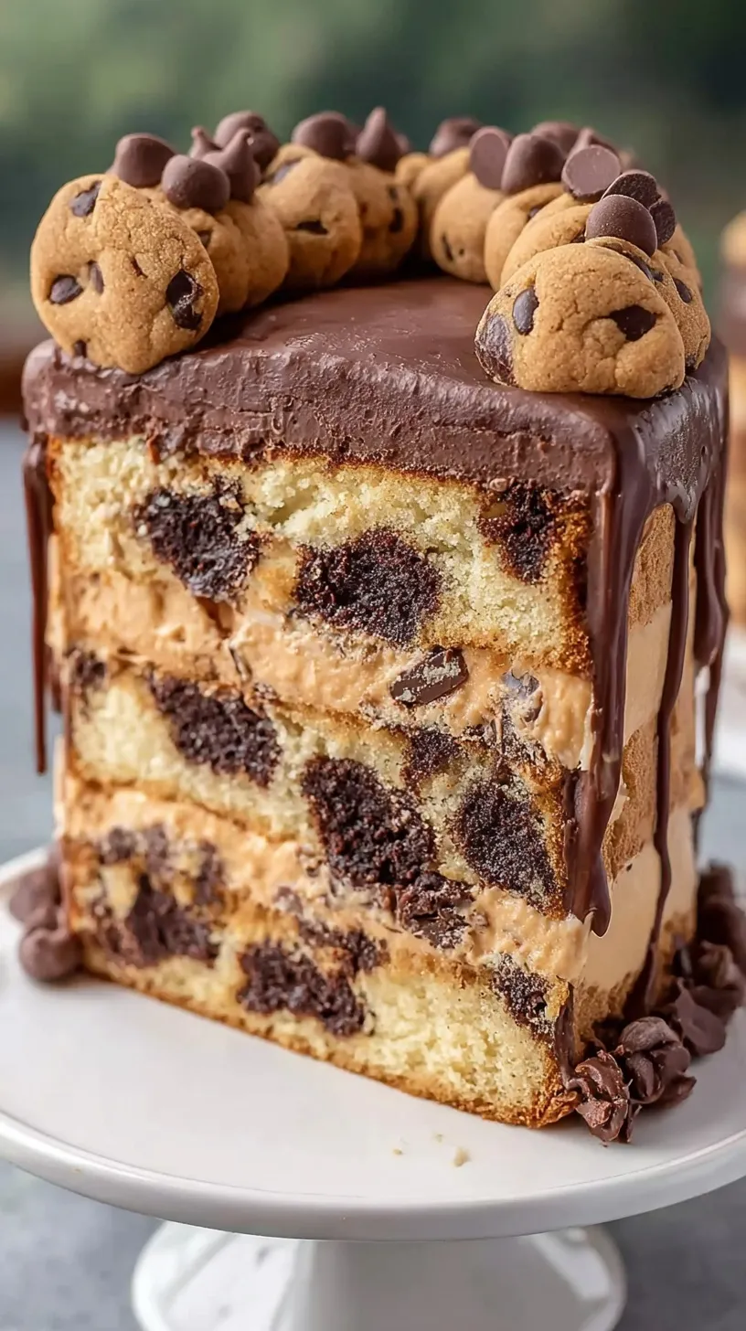 A three-layered cookie dough cake with chocolate chip frosting and edible dough chunks on a white cake stand.