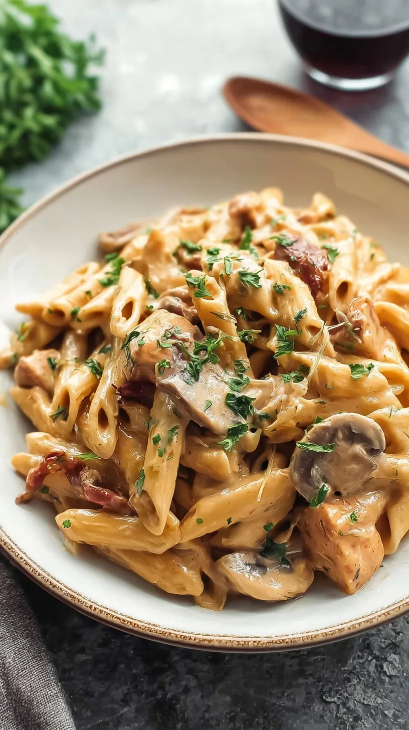 A bowl of creamy Pasta Da Vinci with chicken medallions, sliced mushrooms, and red onions garnished with parsley.