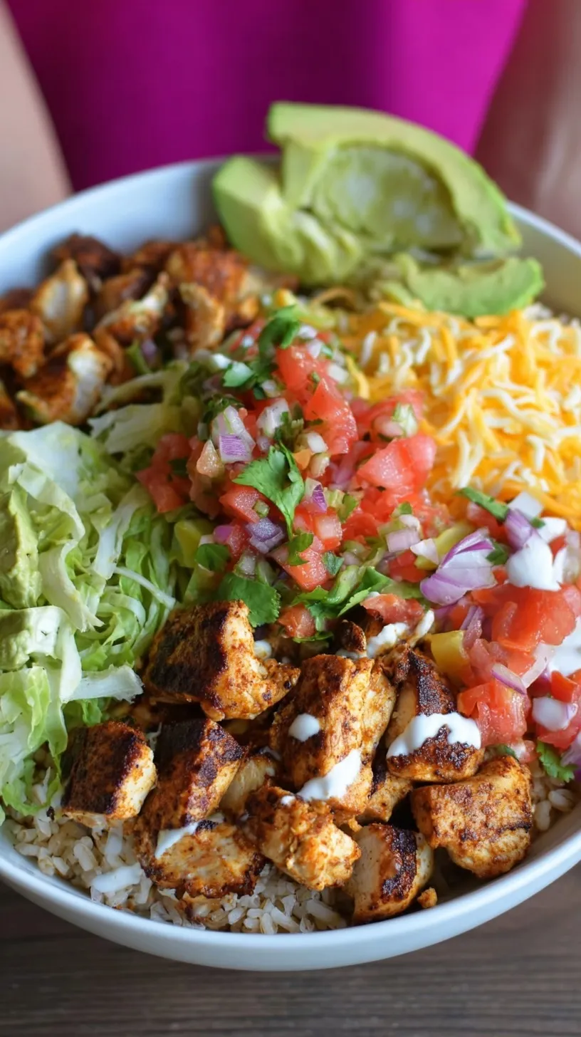 A colorful burrito bowl with grilled adobo chicken, corn salsa, black beans, and creamy white queso sauce.