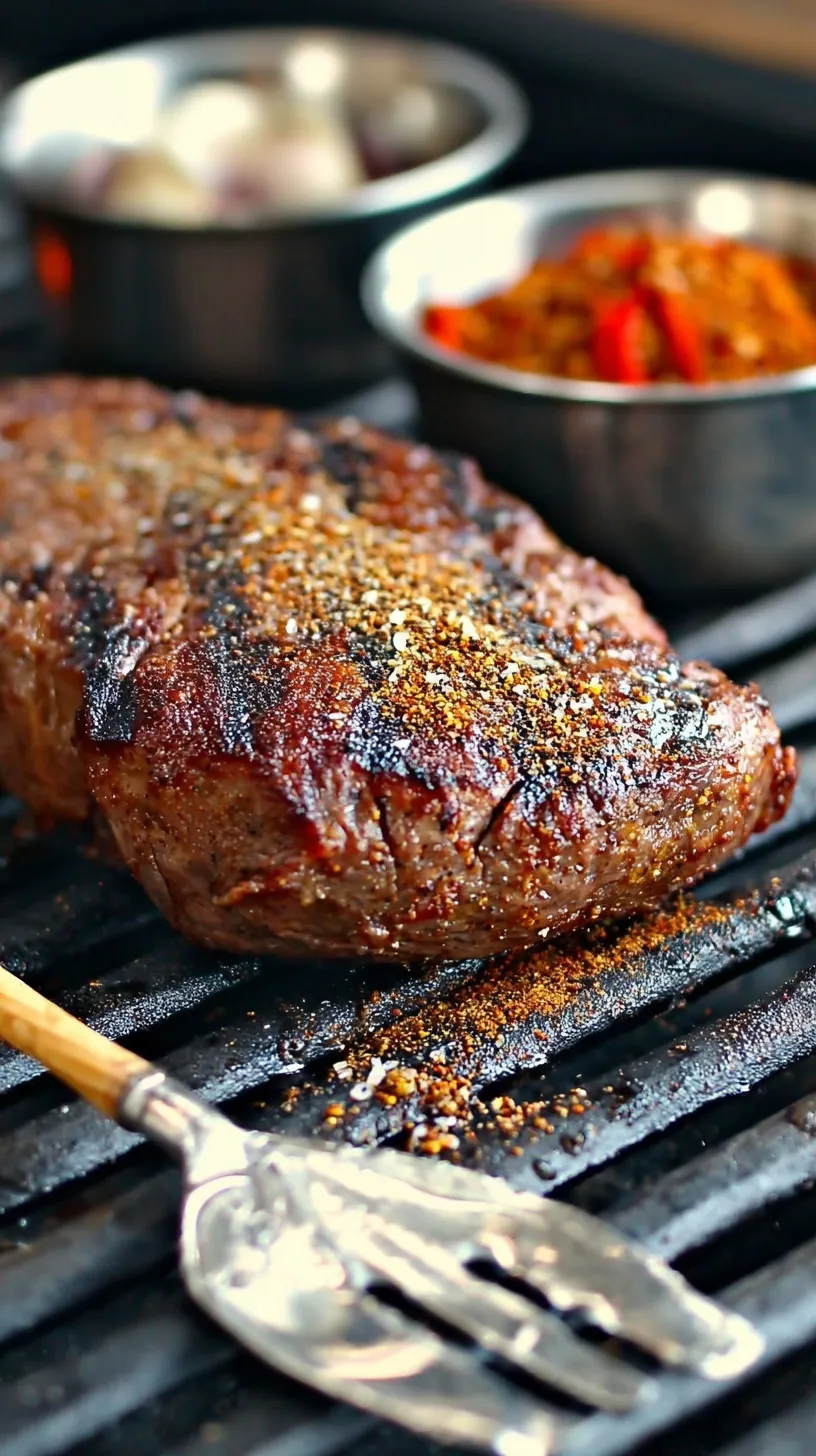 A small jar of homemade Texas Roadhouse steak rub next to a raw seasoned steak.