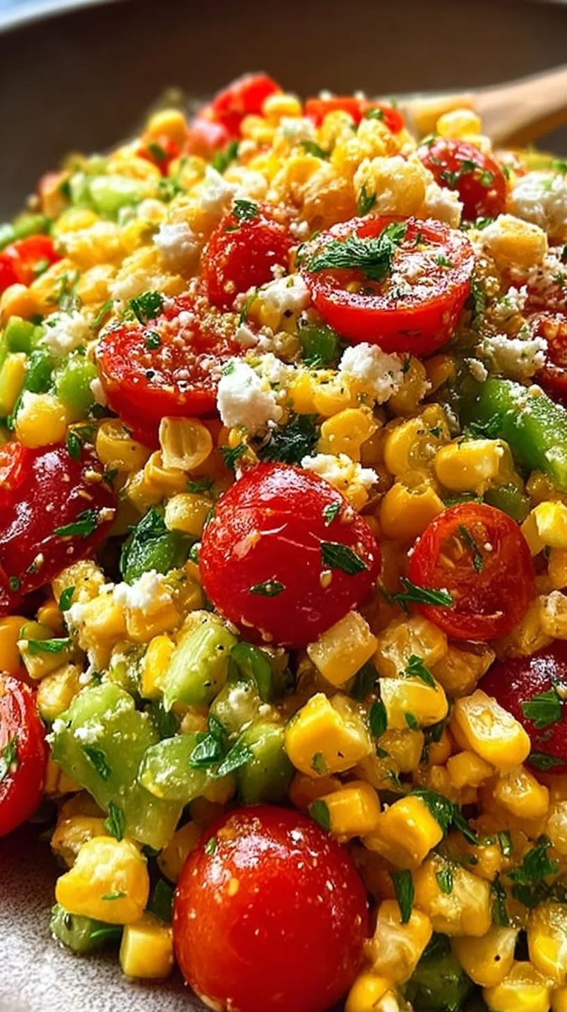 A bright bowl of fresh corn salad with cherry tomatoes, red onion, and cilantro in a lime dressing