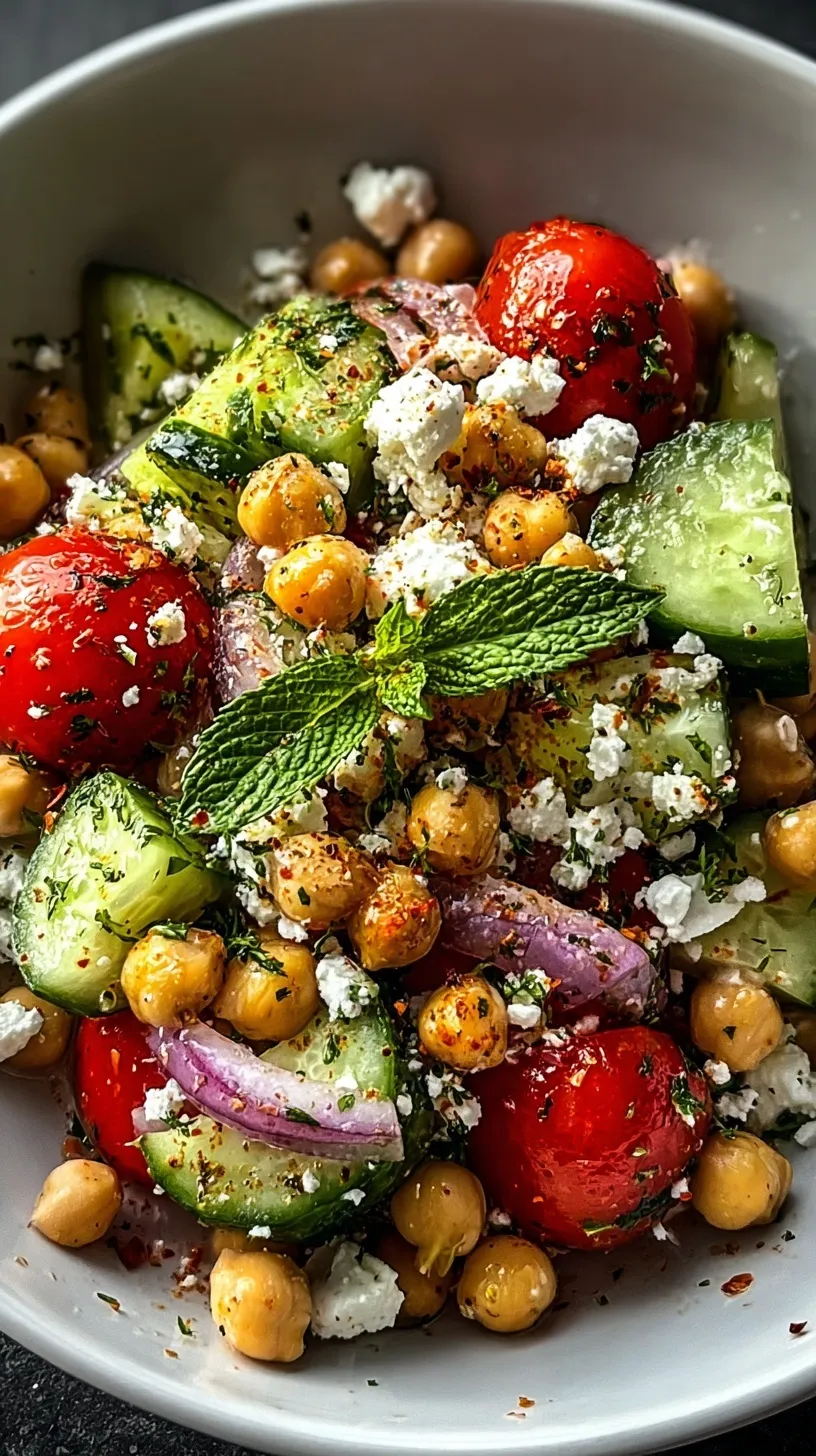 A bright bowl of cottage cheese and chickpea salad with fresh tomatoes and cucumbers